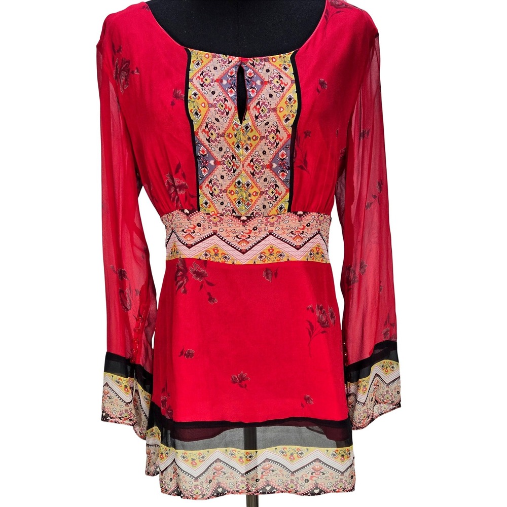 Women's ICE Size XL Red 100% Silk Boho Geometric Floral Keyhole Tunic Blouse